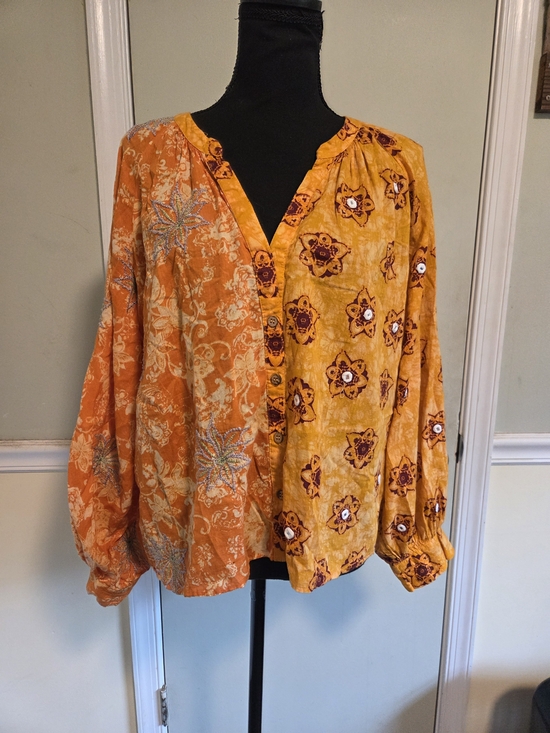 Zara Tops - Zara Orange and Golden-Yellow Patchwork Button-Front Blouse
